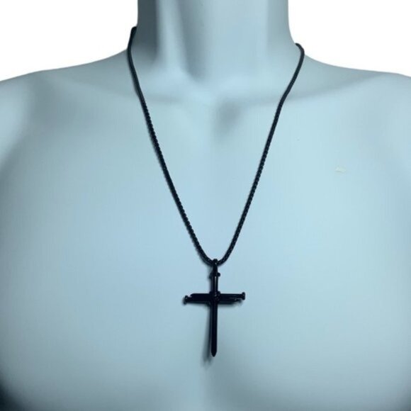 Cross 3 Nail Necklace Religious Statement Piece Pendant Chain w Gift Pouch Black - Picture 11 of 16